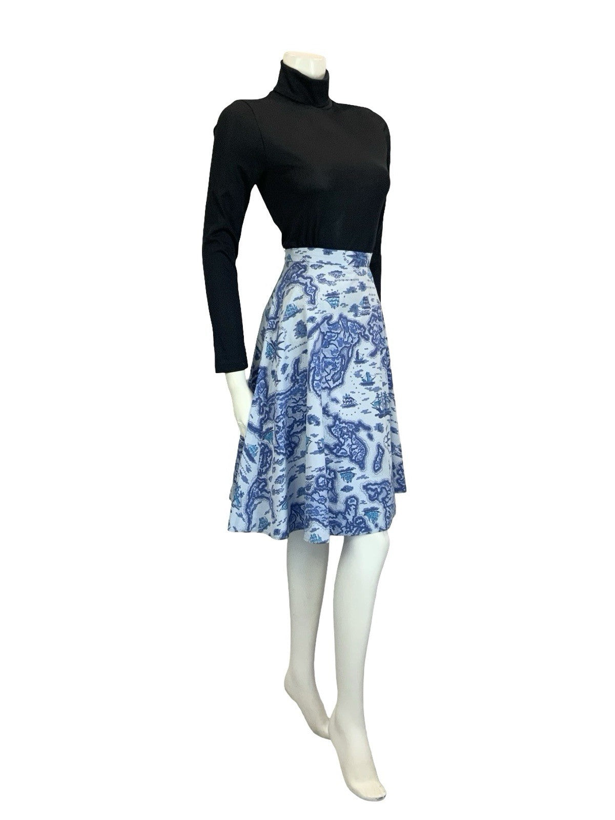 VTG 60S 70S BLUE NAVY ISLAND SHIP NAUTICAL MAP CIRCLE MINI SKIRT 8