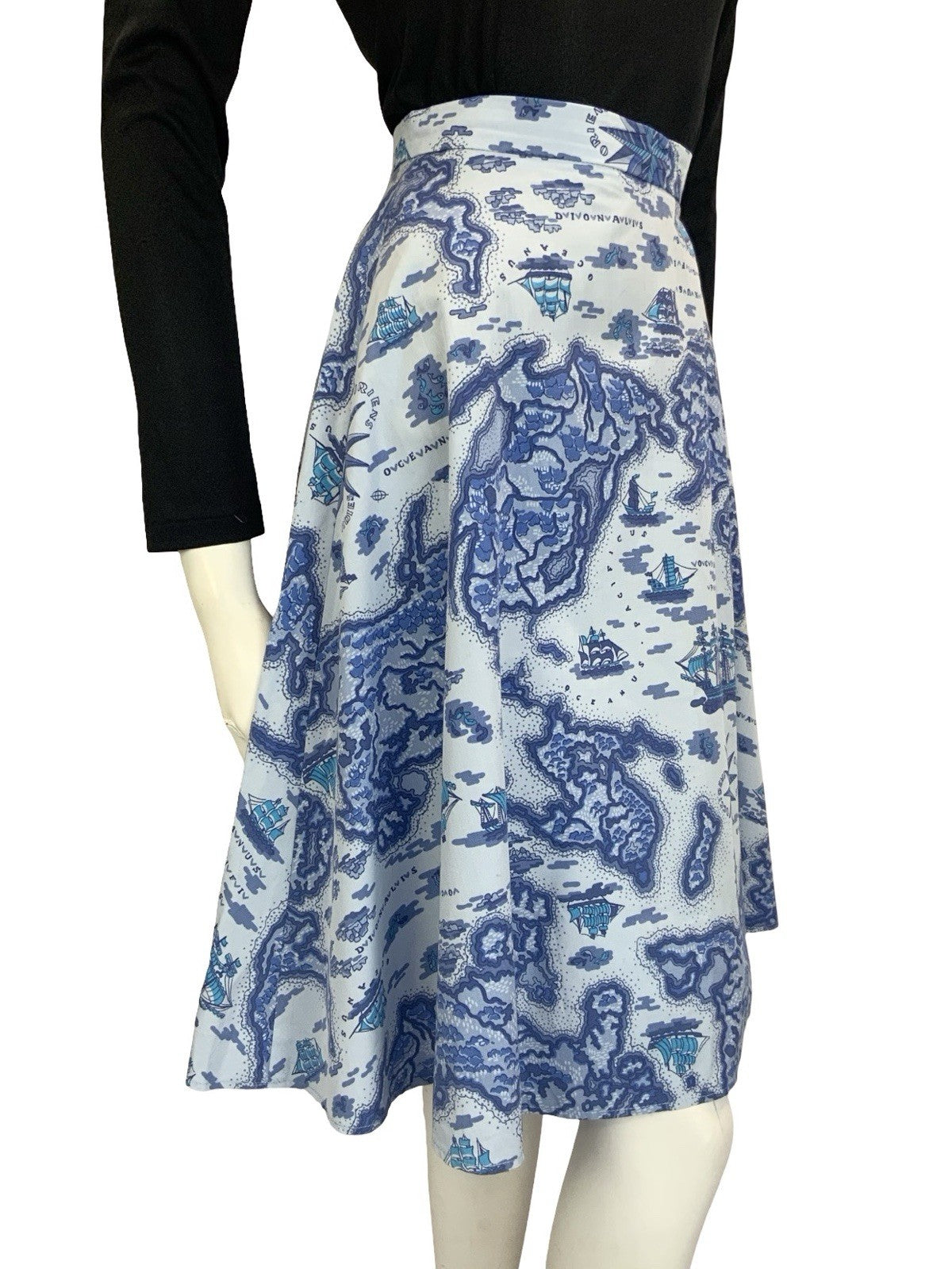 VTG 60S 70S BLUE NAVY ISLAND SHIP NAUTICAL MAP CIRCLE MINI SKIRT 8