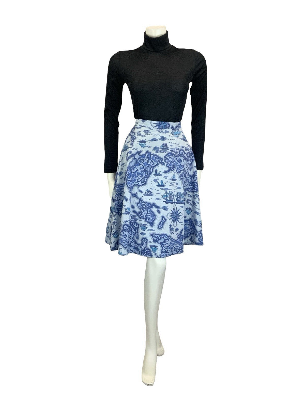 VTG 60S 70S BLUE NAVY ISLAND SHIP NAUTICAL MAP CIRCLE MINI SKIRT 8