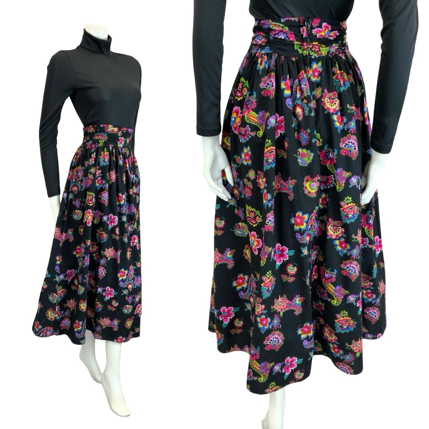 VTG 60S 70S BLACK PINK BLUE GREEN YELLOW AZTEC FLORAL PAISLEY PIXL MIDI SKIRT 10
