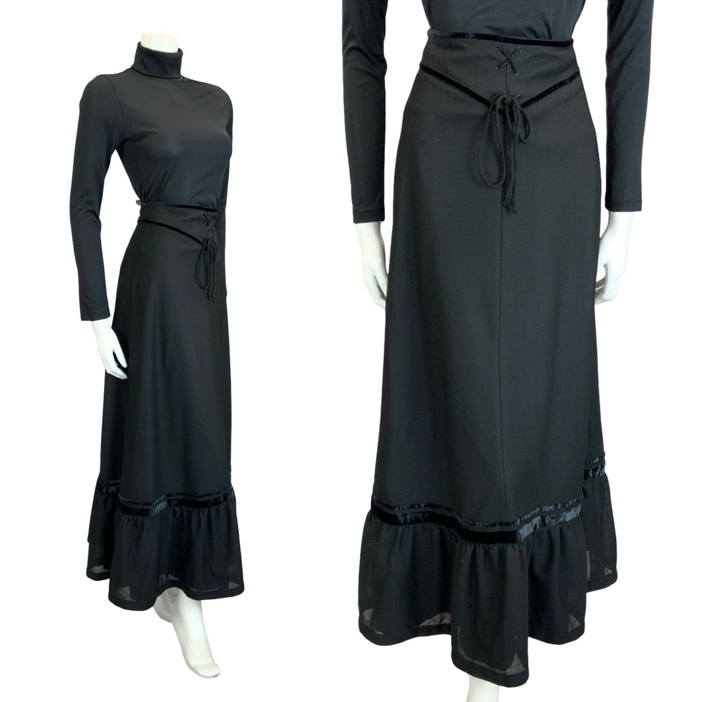 VTG 70S EDWARDIAN MEDIEVAL BLACK VELVET BASQUE WAIST RUFFLE MAXI SKIRT 4 6
