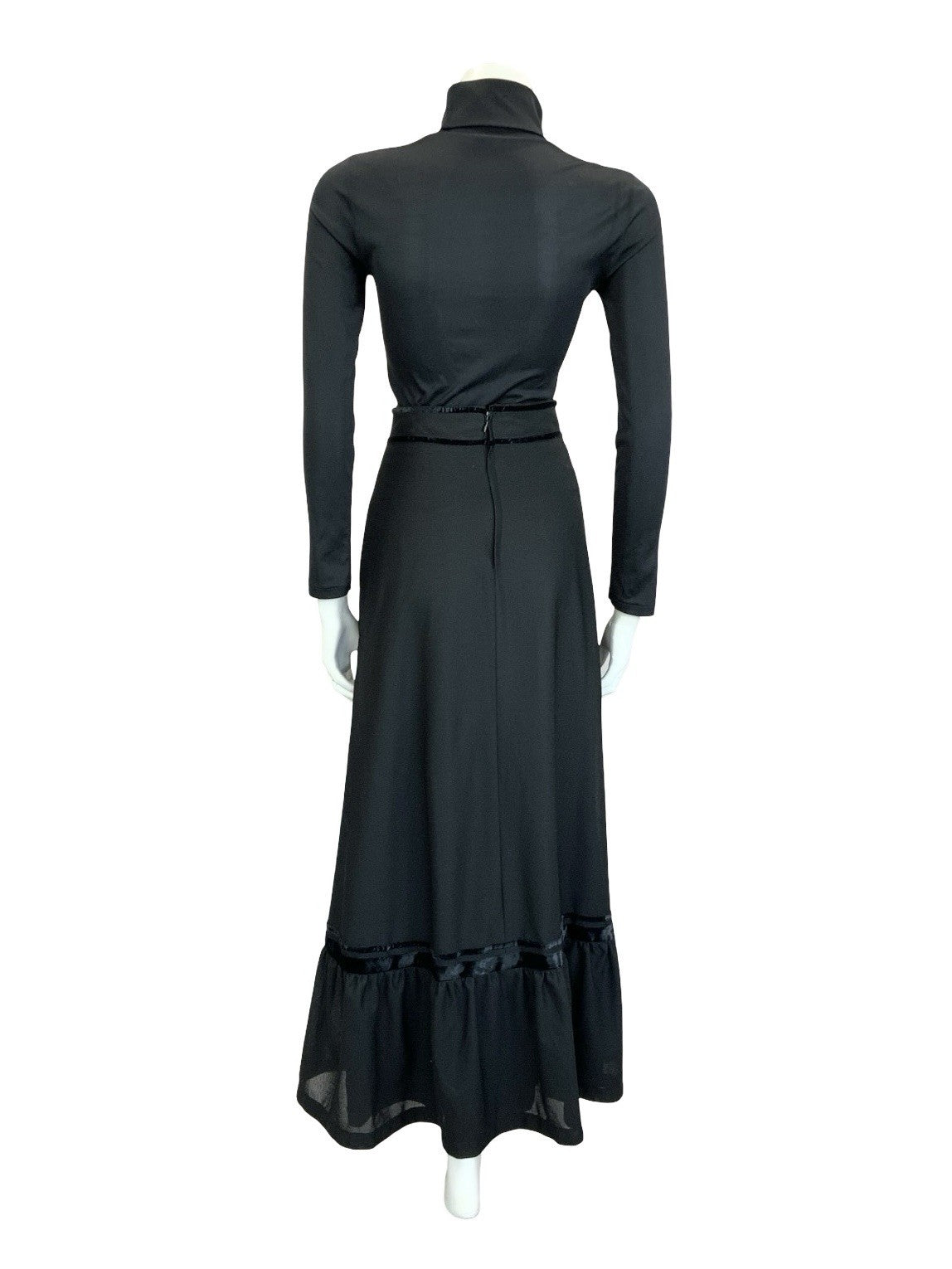 VTG 70S EDWARDIAN MEDIEVAL BLACK VELVET BASQUE WAIST RUFFLE MAXI SKIRT 4 6