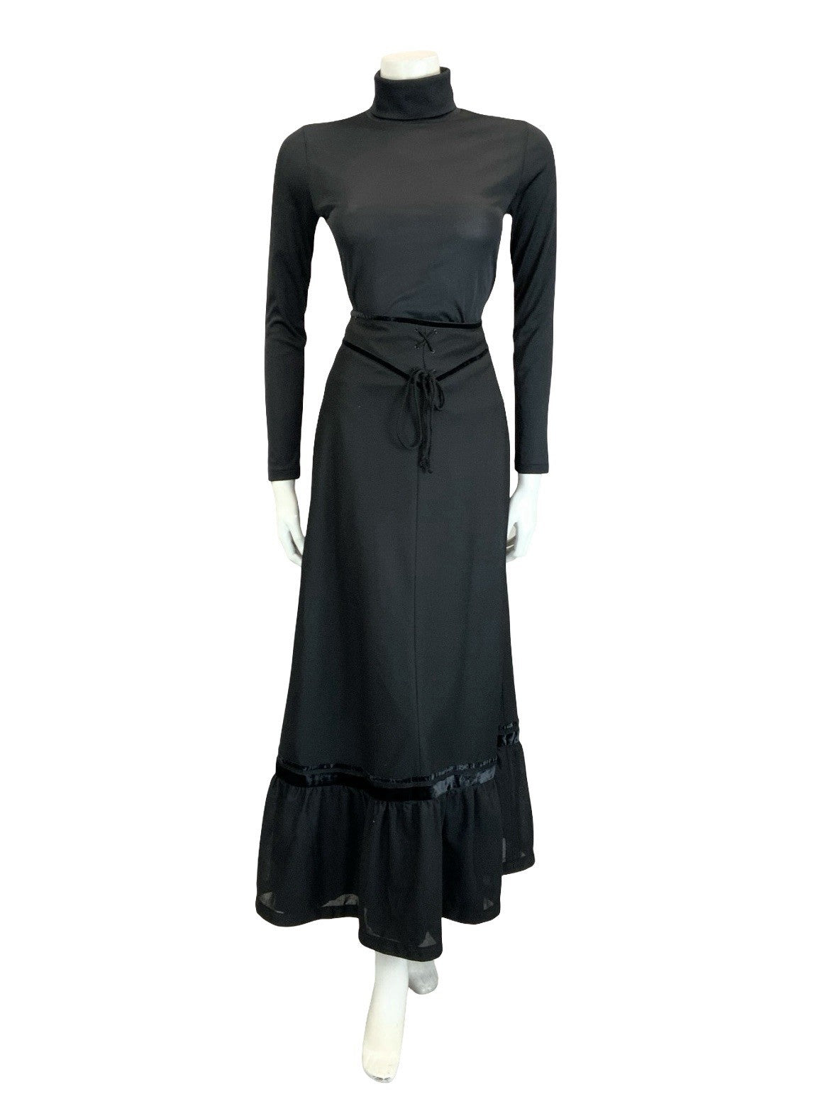VTG 70S EDWARDIAN MEDIEVAL BLACK VELVET BASQUE WAIST RUFFLE MAXI SKIRT 4 6