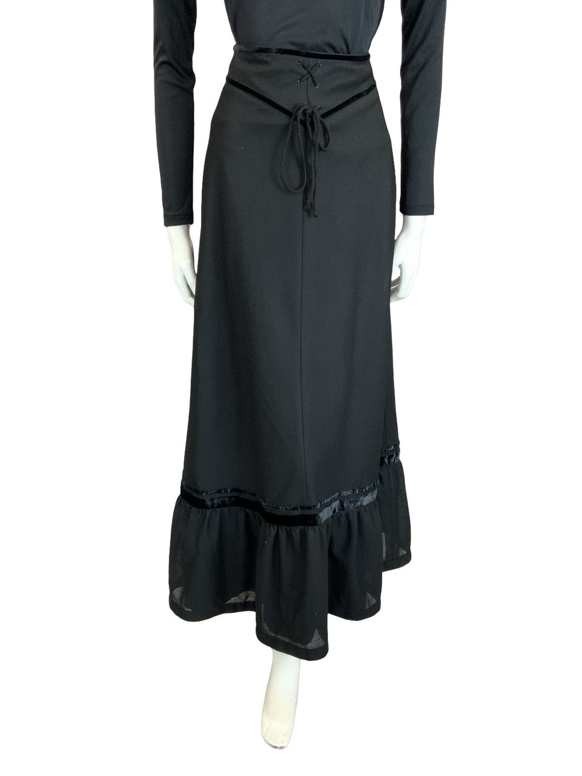 VTG 70S EDWARDIAN MEDIEVAL BLACK VELVET BASQUE WAIST RUFFLE MAXI SKIRT 4 6