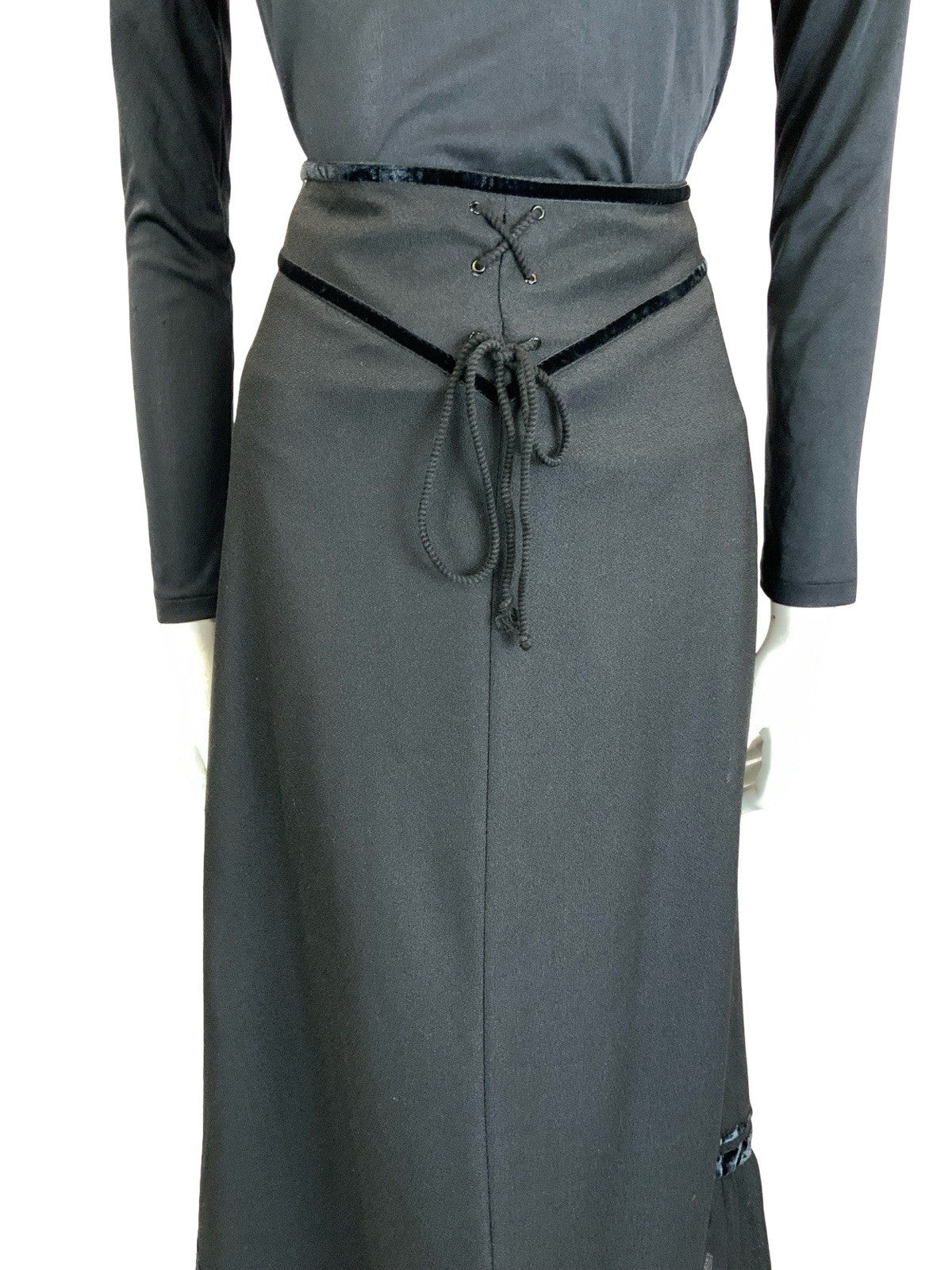 VTG 70S EDWARDIAN MEDIEVAL BLACK VELVET BASQUE WAIST RUFFLE MAXI SKIRT 4 6