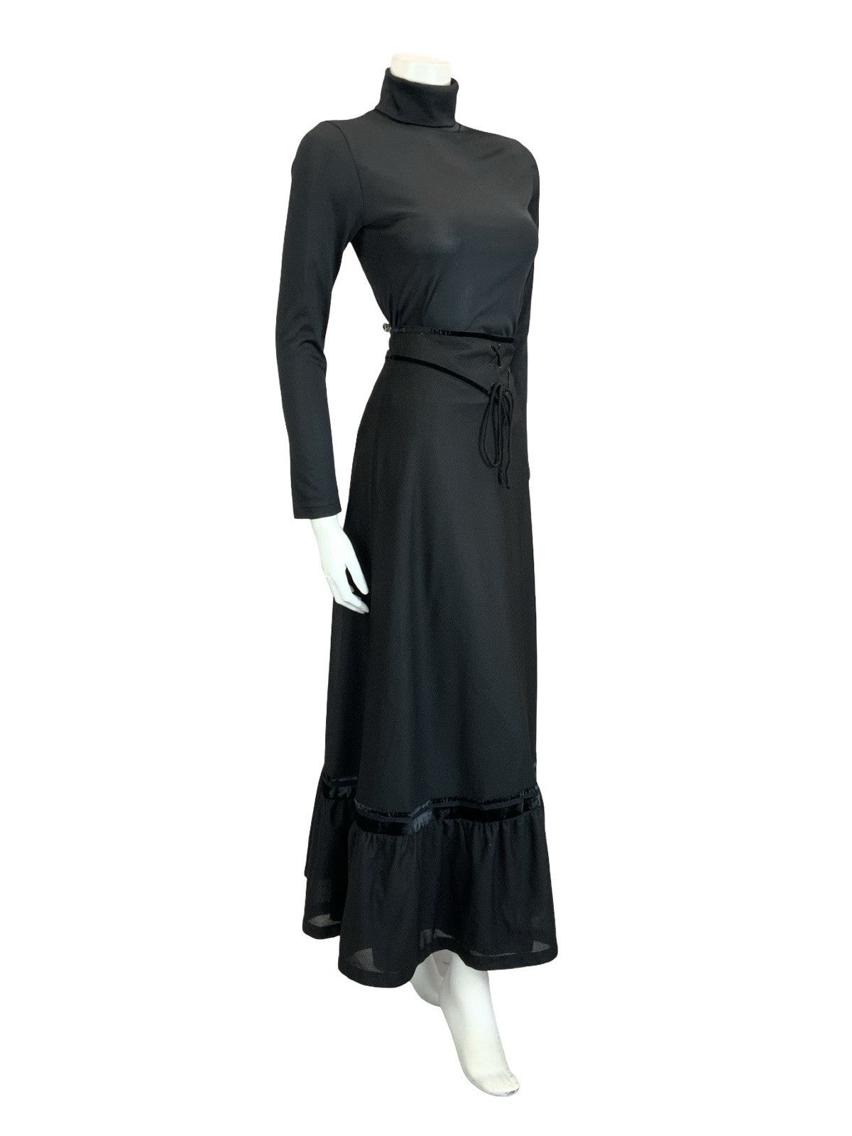 VTG 70S EDWARDIAN MEDIEVAL BLACK VELVET BASQUE WAIST RUFFLE MAXI SKIRT 4 6