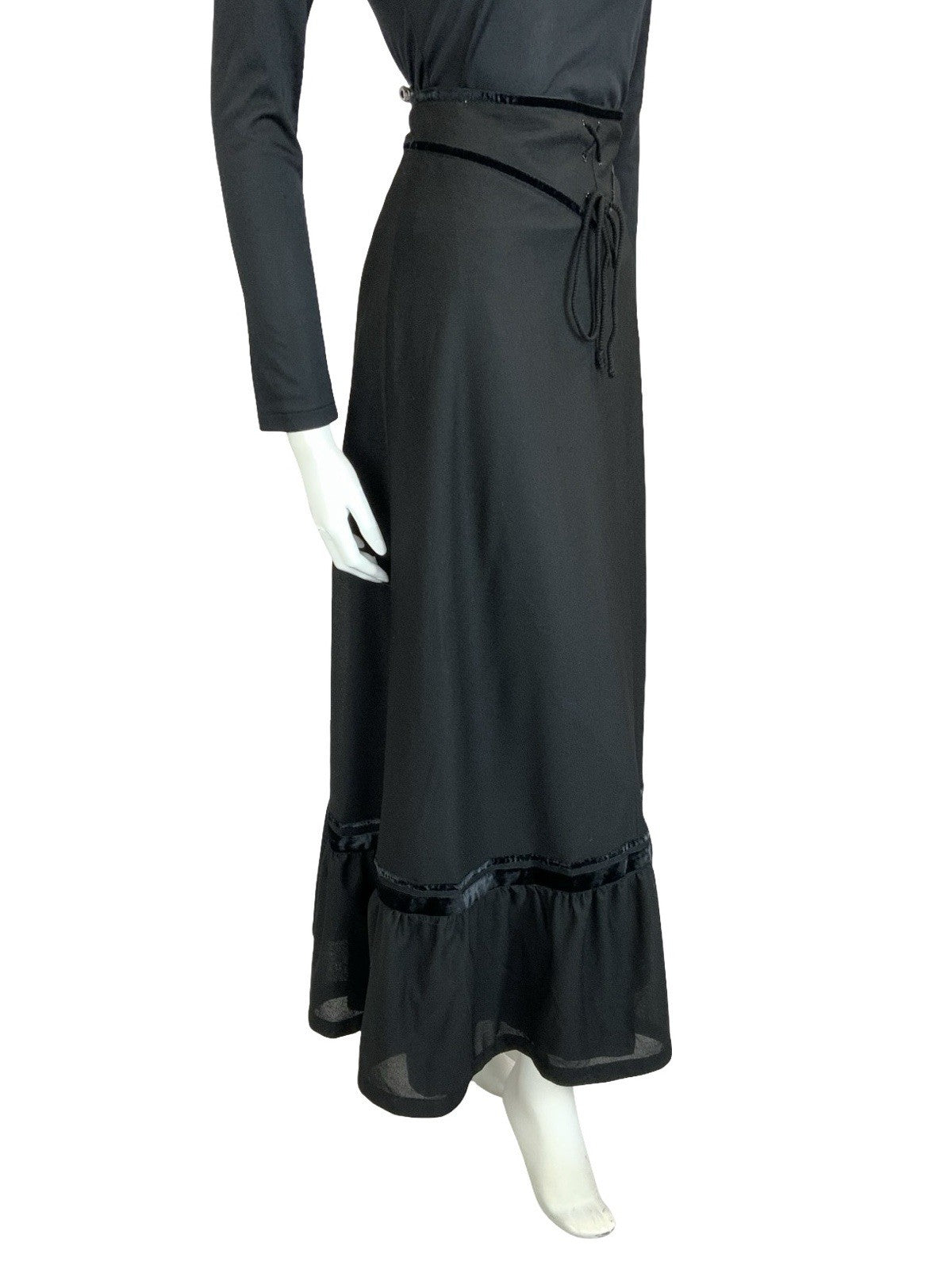 VTG 70S EDWARDIAN MEDIEVAL BLACK VELVET BASQUE WAIST RUFFLE MAXI SKIRT 4 6