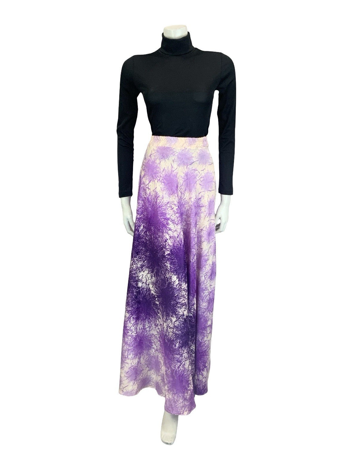 VTG 70S PURPLE CREAM PSYCHEDELIC FIREWORK SATIN MAXI SKIRT 4 6
