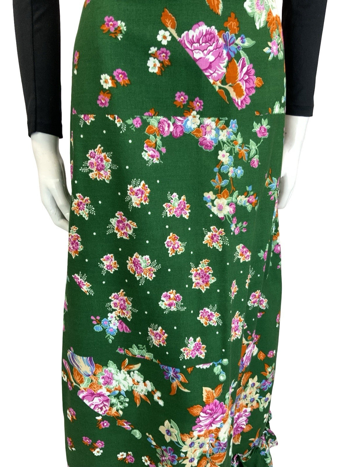 VTG 60S 70S GREEN PINK ORANGE WHITE ROSE BLOSSOM FLORAL RUFFLE MAXI SKIRT 14 16