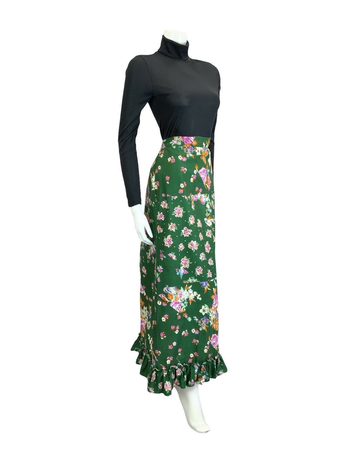 VTG 60S 70S GREEN PINK ORANGE WHITE ROSE BLOSSOM FLORAL RUFFLE MAXI SKIRT 14 16