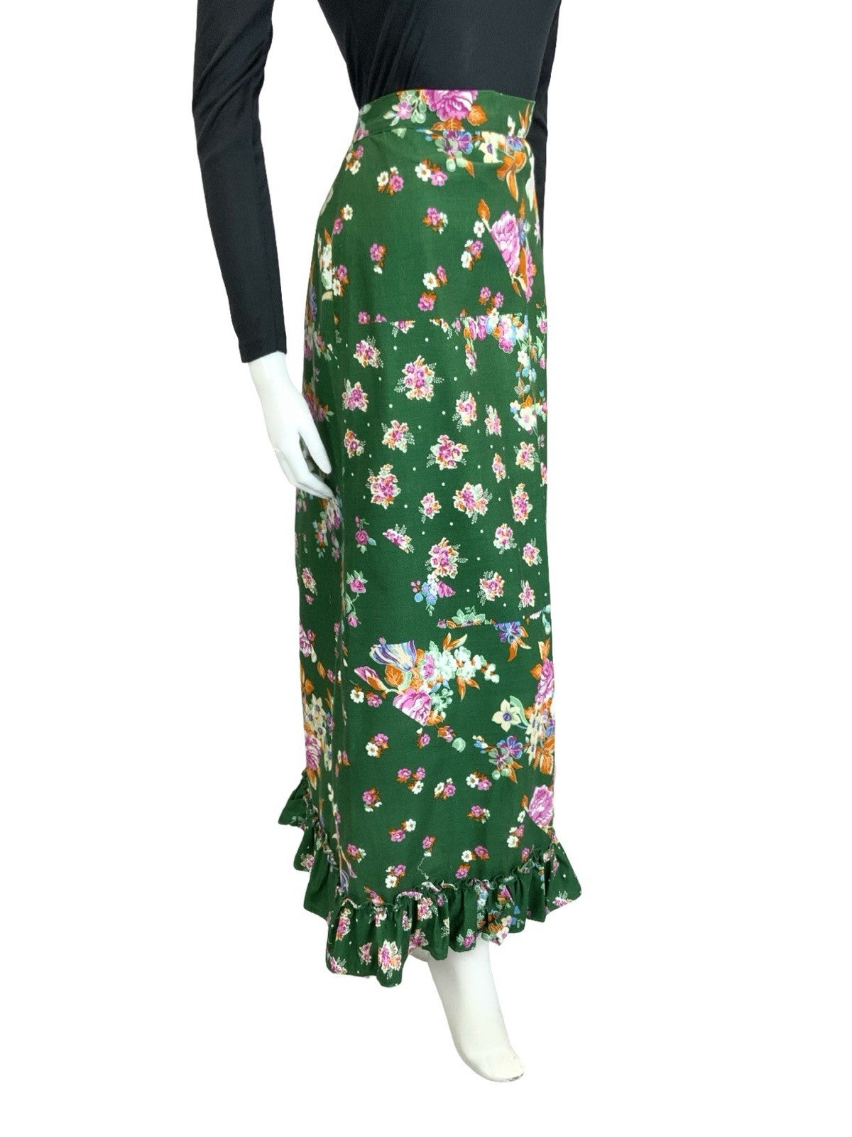 VTG 60S 70S GREEN PINK ORANGE WHITE ROSE BLOSSOM FLORAL RUFFLE MAXI SKIRT 14 16
