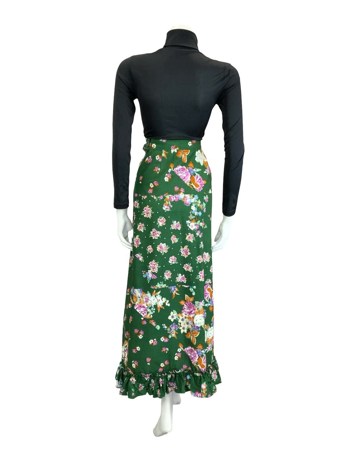 VTG 60S 70S GREEN PINK ORANGE WHITE ROSE BLOSSOM FLORAL RUFFLE MAXI SKIRT 14 16