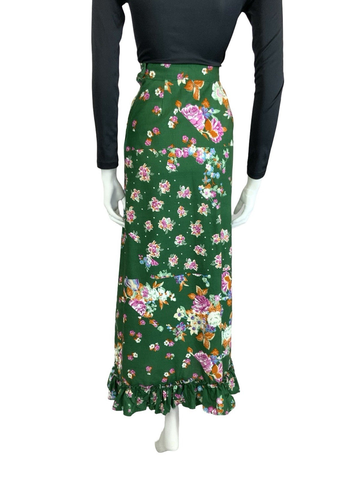 VTG 60S 70S GREEN PINK ORANGE WHITE ROSE BLOSSOM FLORAL RUFFLE MAXI SKIRT 14 16