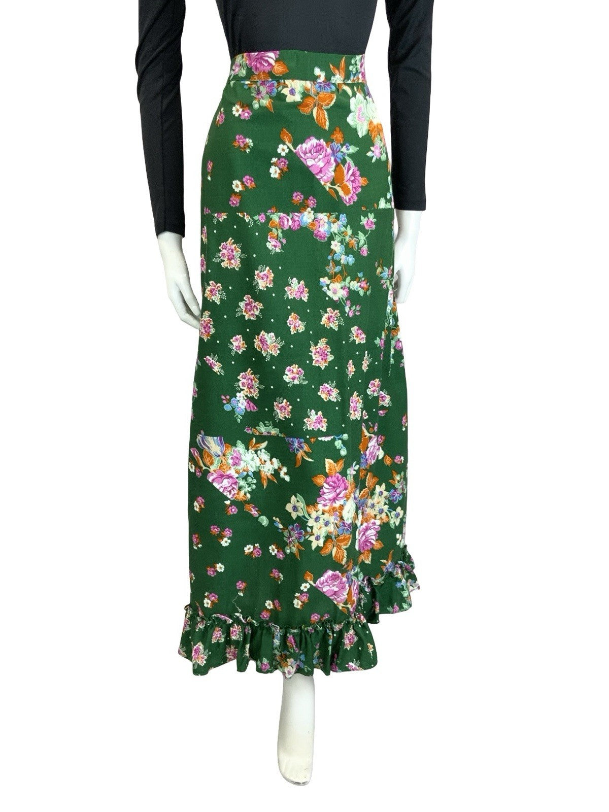 VTG 60S 70S GREEN PINK ORANGE WHITE ROSE BLOSSOM FLORAL RUFFLE MAXI SKIRT 14 16