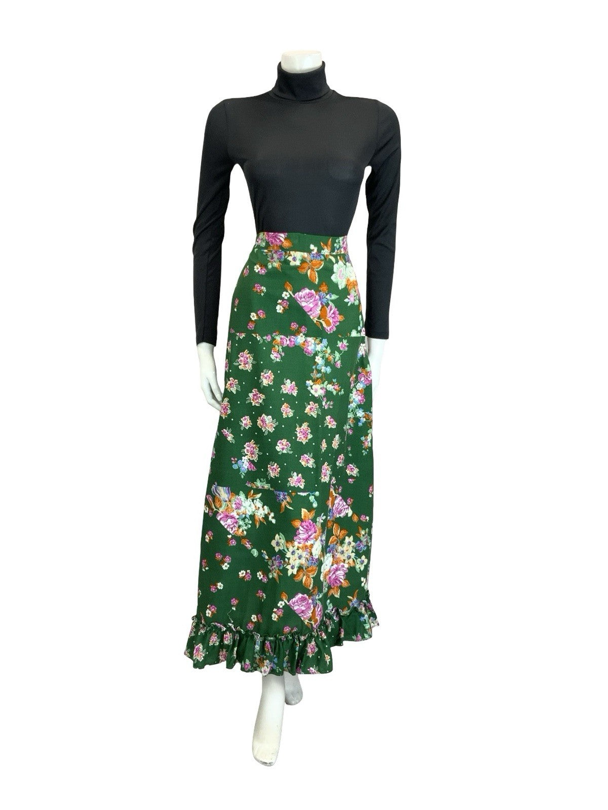 VTG 60S 70S GREEN PINK ORANGE WHITE ROSE BLOSSOM FLORAL RUFFLE MAXI SKIRT 14 16