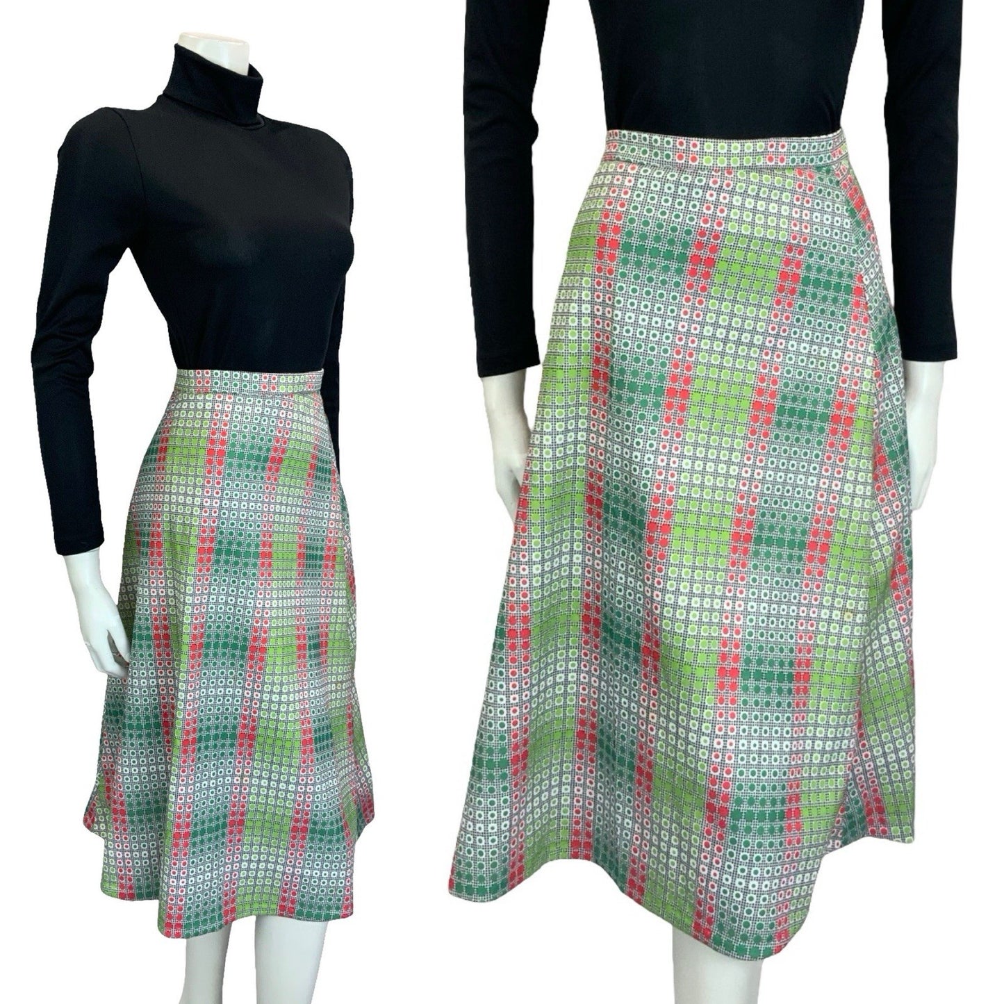 VTG 60S 70S GREEN RED WHITE BLACK OP ART GEOMETRIC DOTTY A LINE MIDI SKIRT 10