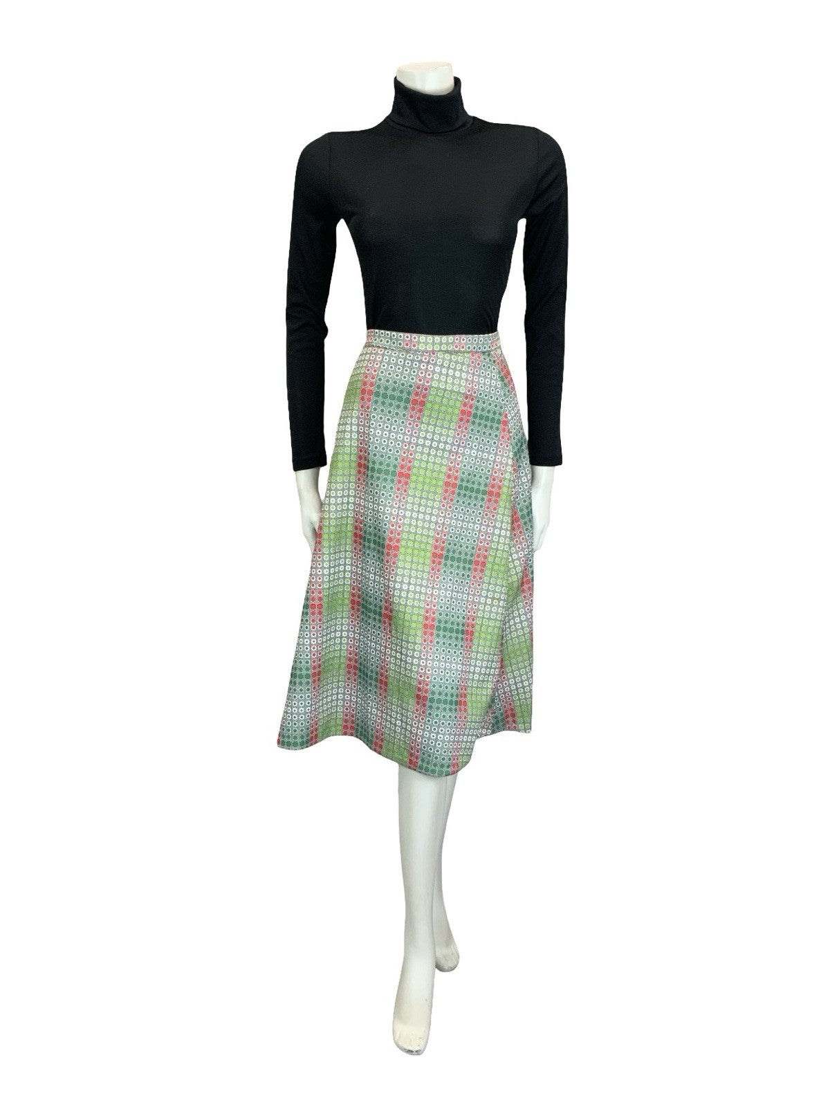 VTG 60S 70S GREEN RED WHITE BLACK OP ART GEOMETRIC DOTTY A LINE MIDI SKIRT 10