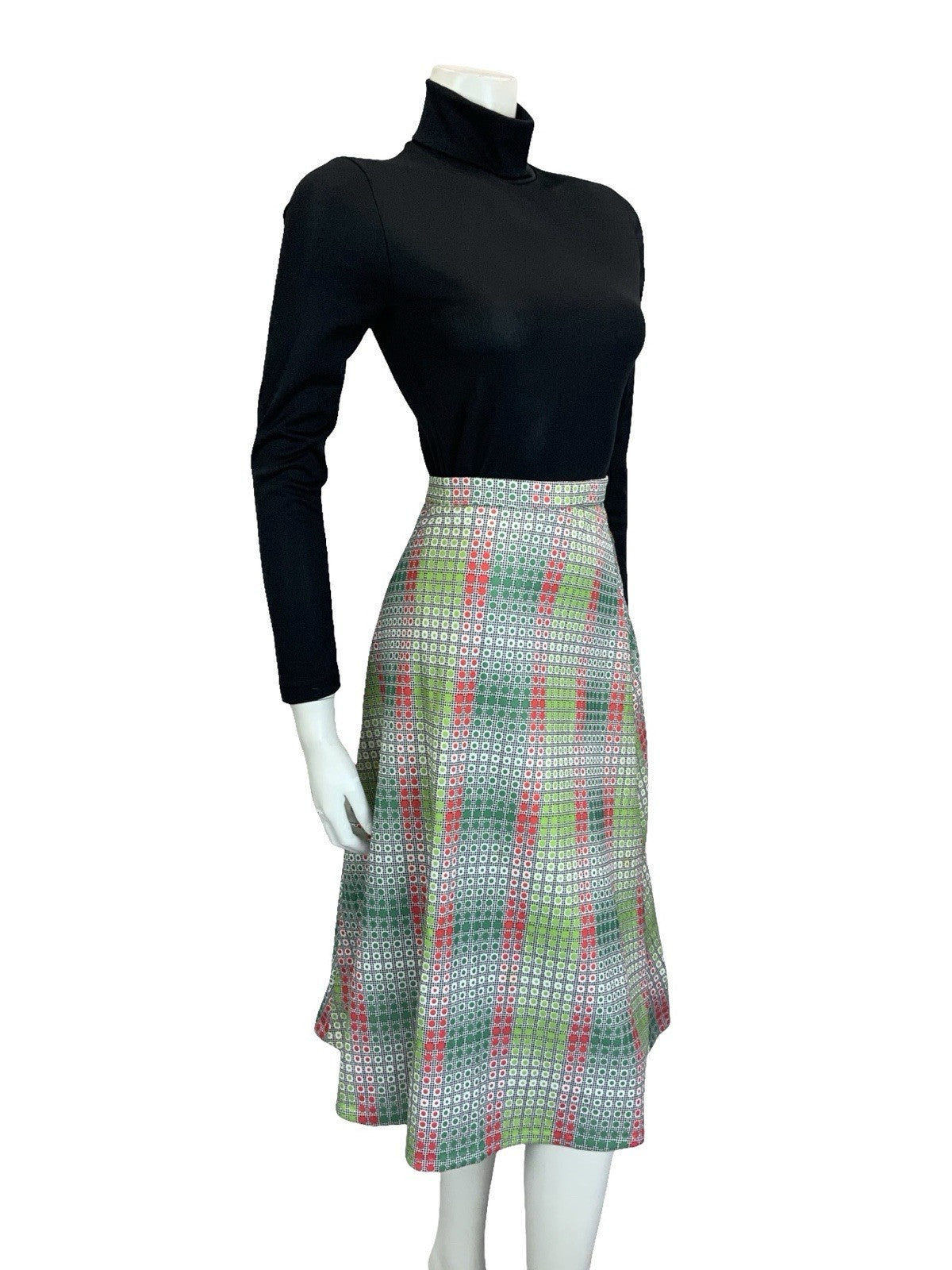 VTG 60S 70S GREEN RED WHITE BLACK OP ART GEOMETRIC DOTTY A LINE MIDI SKIRT 10