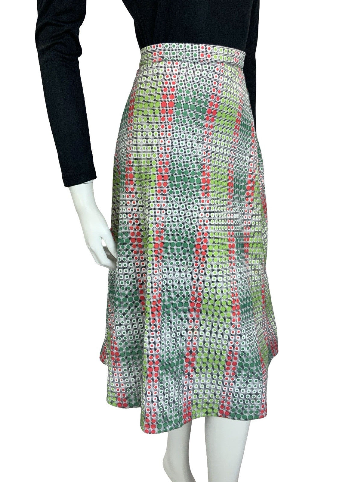 VTG 60S 70S GREEN RED WHITE BLACK OP ART GEOMETRIC DOTTY A LINE MIDI SKIRT 10