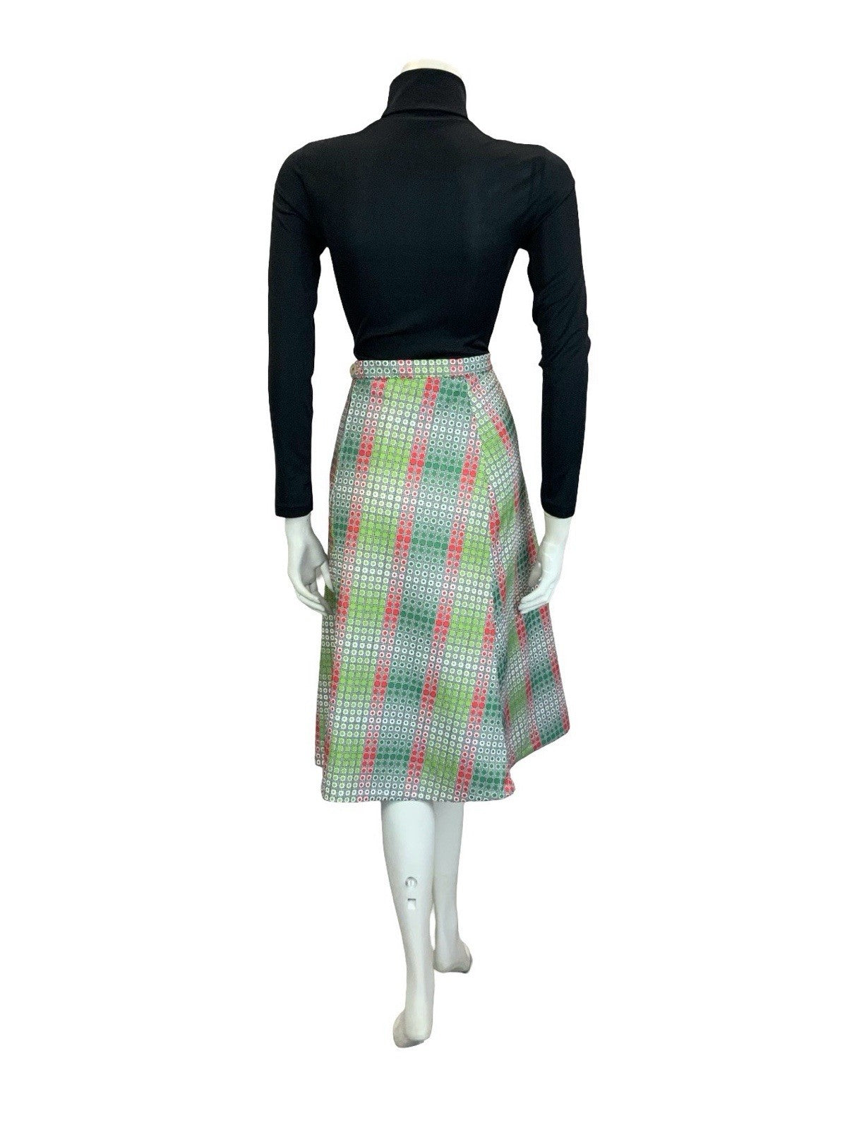 VTG 60S 70S GREEN RED WHITE BLACK OP ART GEOMETRIC DOTTY A LINE MIDI SKIRT 10