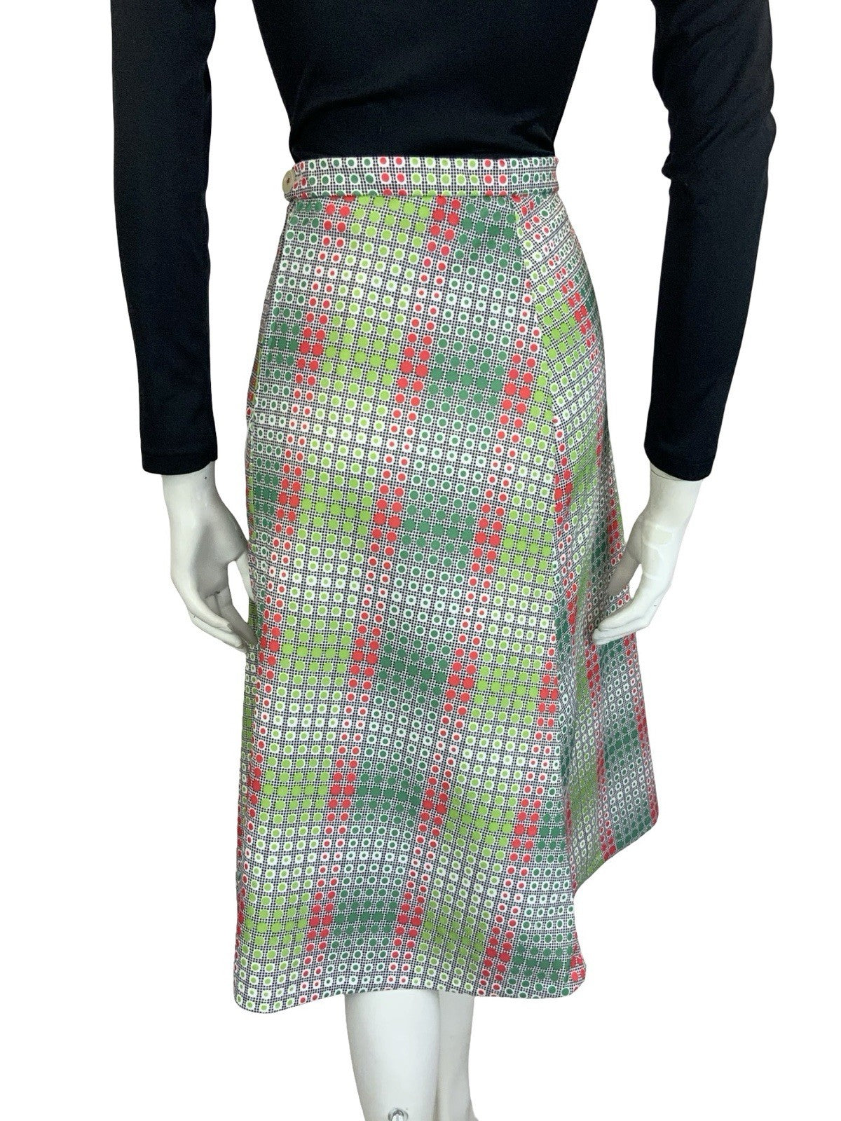 VTG 60S 70S GREEN RED WHITE BLACK OP ART GEOMETRIC DOTTY A LINE MIDI SKIRT 10