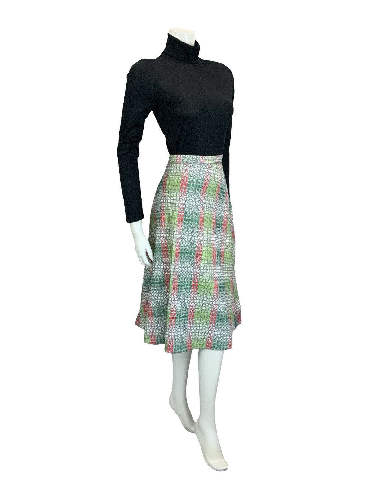 VTG 60S 70S GREEN RED WHITE BLACK OP ART GEOMETRIC DOTTY A LINE MIDI SKIRT 10
