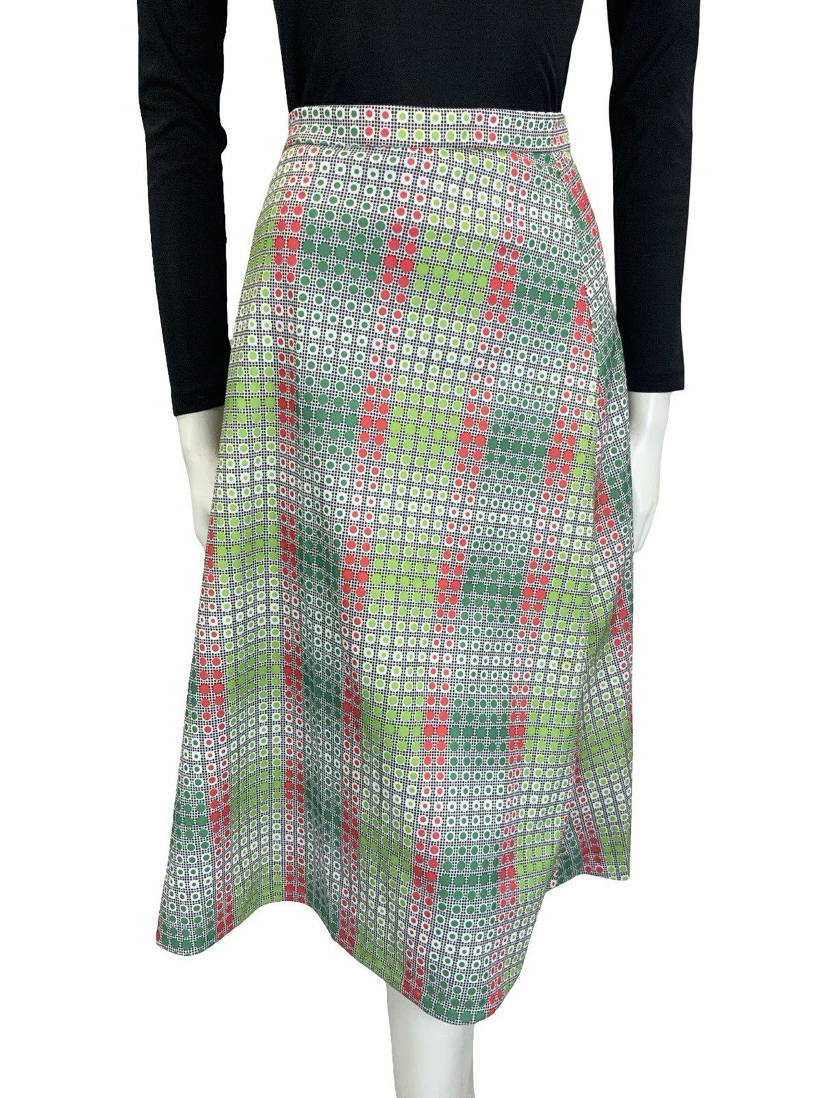 VTG 60S 70S GREEN RED WHITE BLACK OP ART GEOMETRIC DOTTY A LINE MIDI SKIRT 10