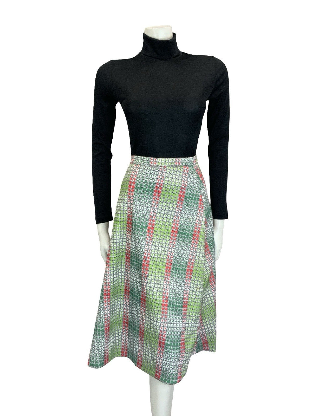 VTG 60S 70S GREEN RED WHITE BLACK OP ART GEOMETRIC DOTTY A LINE MIDI SKIRT 10