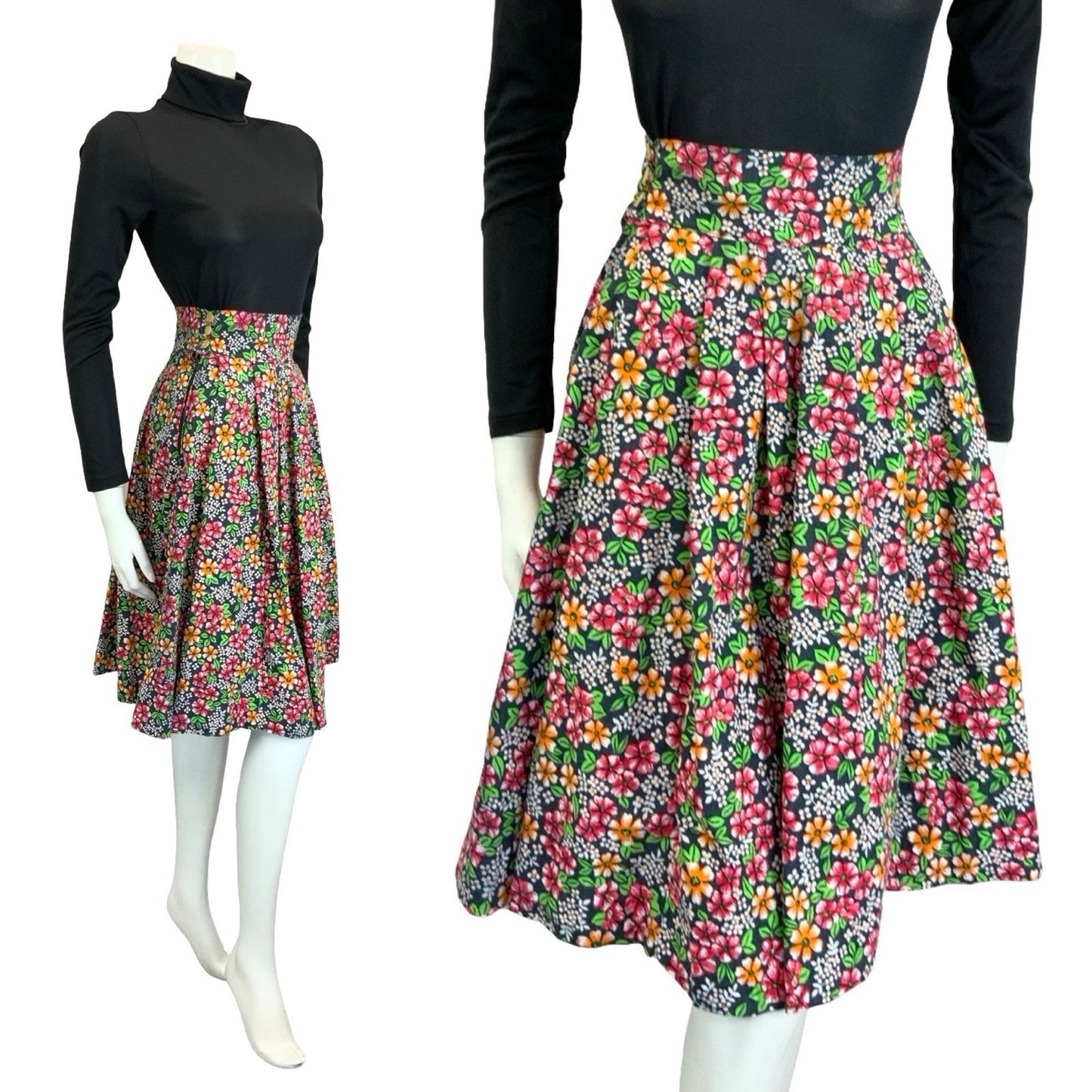 VTG 60S 70S BLACK RED ORANGE GREEN WHITE FLORAL COTTON SWING MIDI SKIRT 4