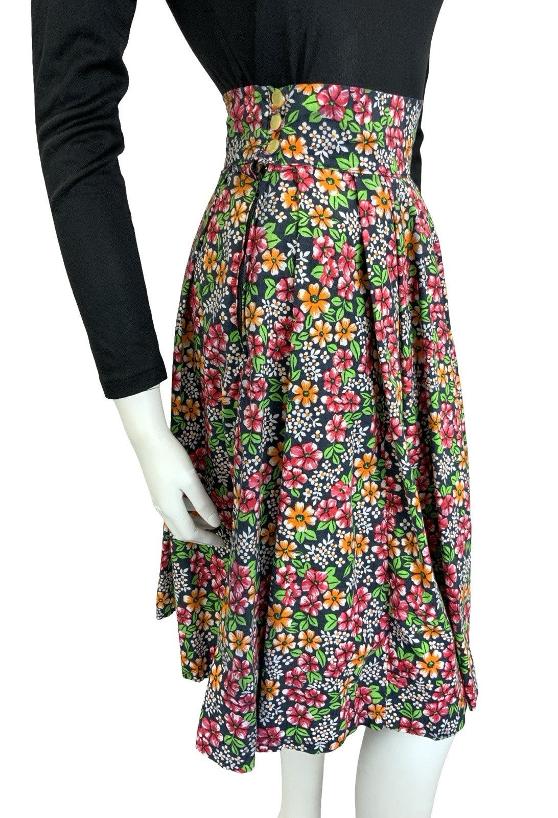 VTG 60S 70S BLACK RED ORANGE GREEN WHITE FLORAL COTTON SWING MIDI SKIRT 4