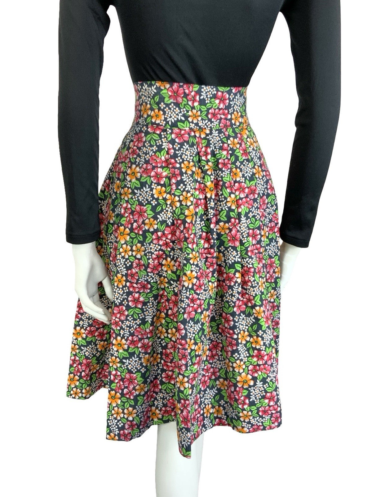 VTG 60S 70S BLACK RED ORANGE GREEN WHITE FLORAL COTTON SWING MIDI SKIRT 4