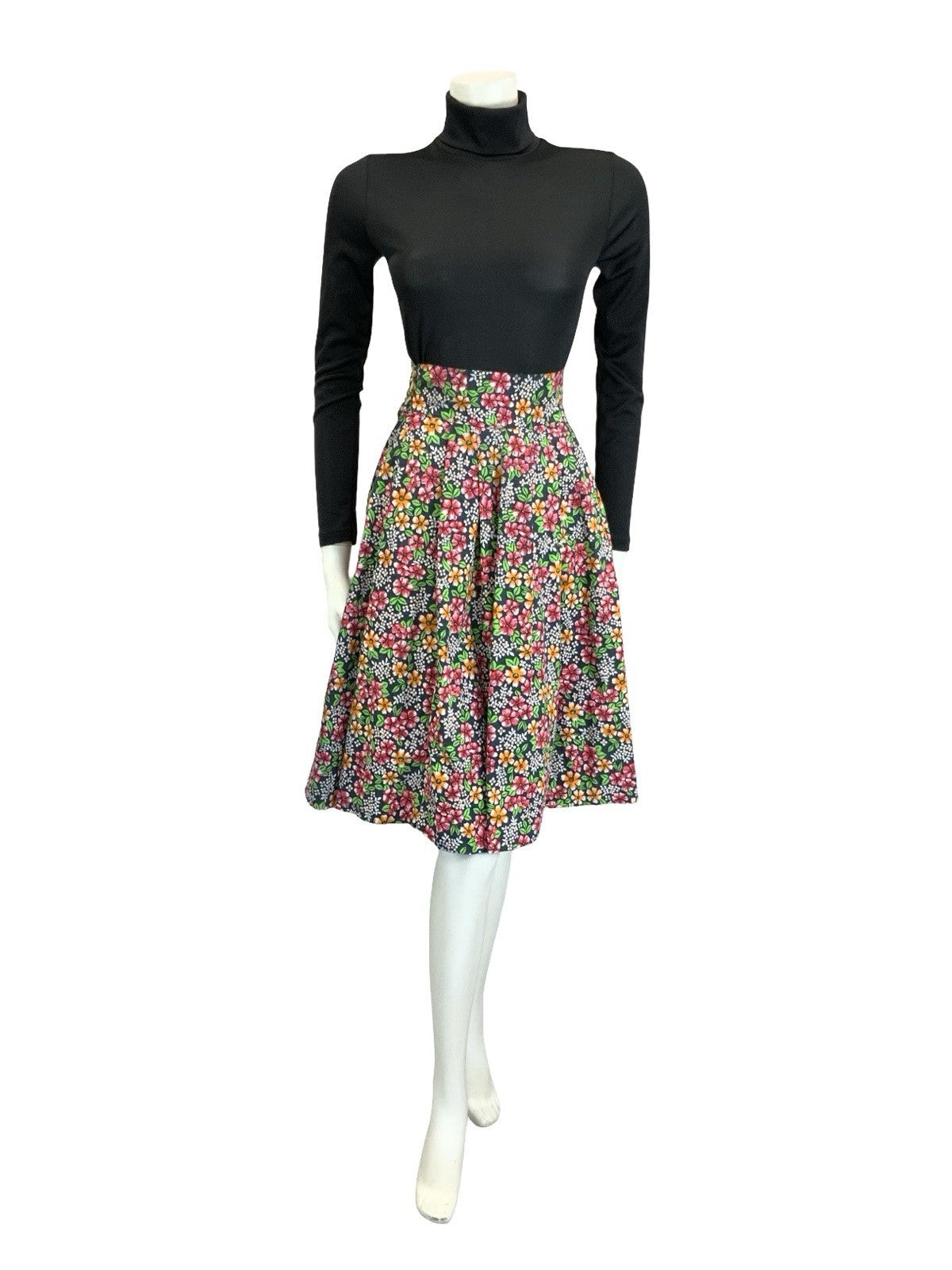 VTG 60S 70S BLACK RED ORANGE GREEN WHITE FLORAL COTTON SWING MIDI SKIRT 4