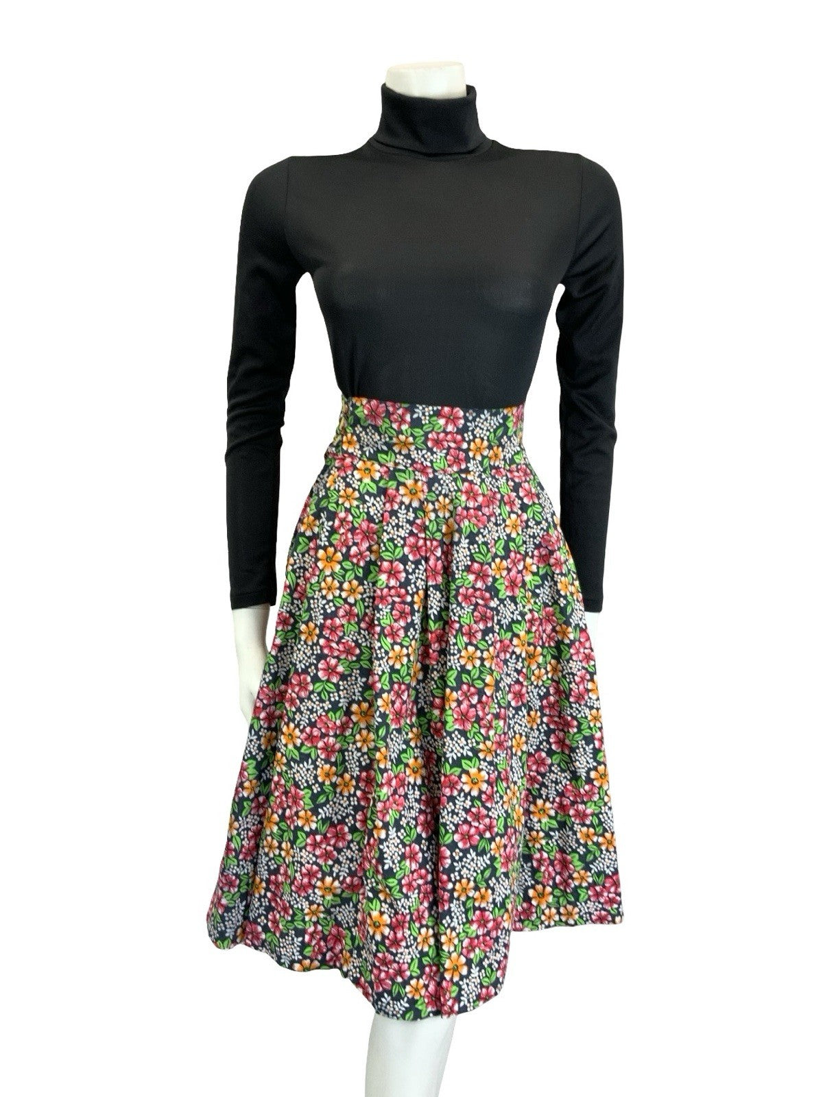 VTG 60S 70S BLACK RED ORANGE GREEN WHITE FLORAL COTTON SWING MIDI SKIRT 4