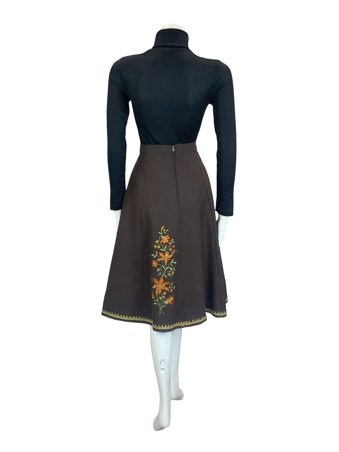 VTG 60S 70S BROWN ORANGE GOLD GREEN FOLK BOHO FLORAL EMBROIDERED CIRCLE SKIRT 8