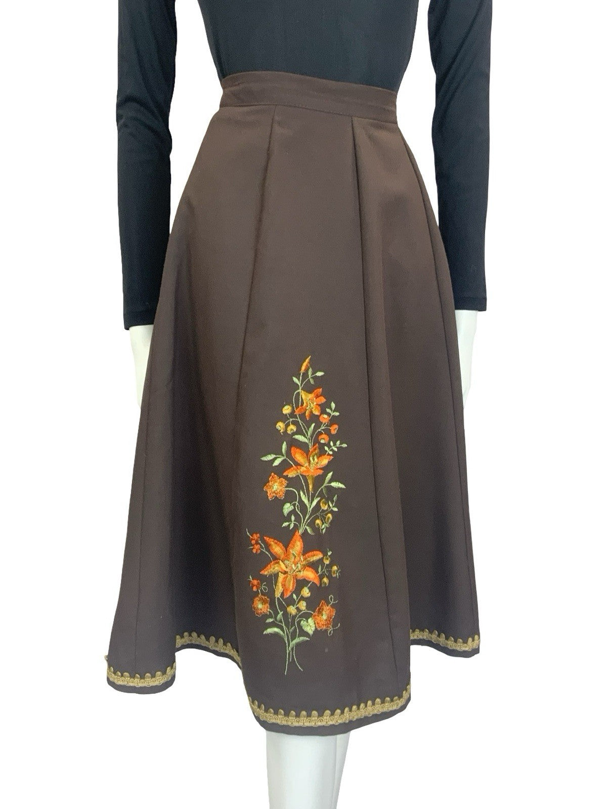 VTG 60S 70S BROWN ORANGE GOLD GREEN FOLK BOHO FLORAL EMBROIDERED CIRCLE SKIRT 8