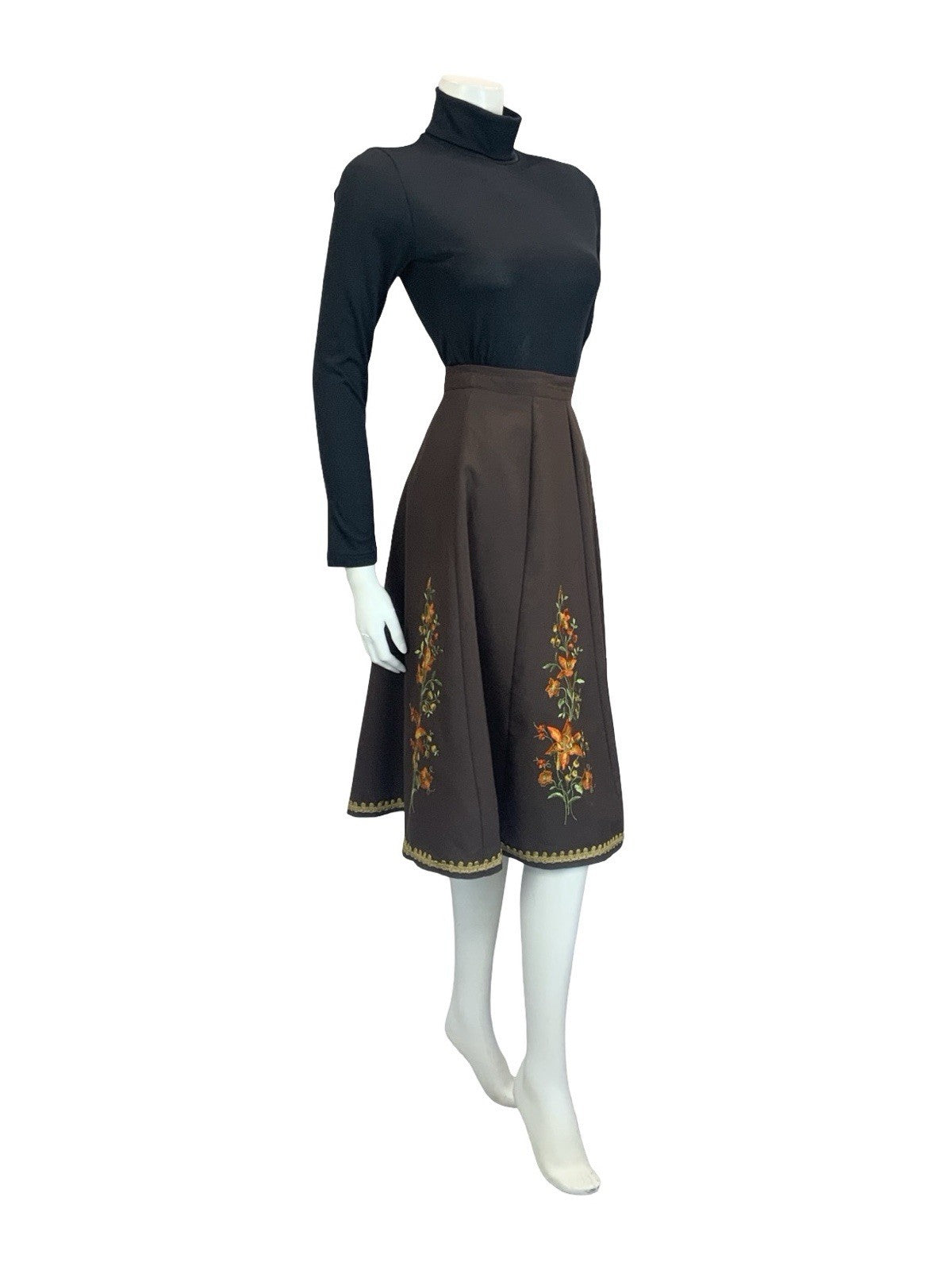 VTG 60S 70S BROWN ORANGE GOLD GREEN FOLK BOHO FLORAL EMBROIDERED CIRCLE SKIRT 8