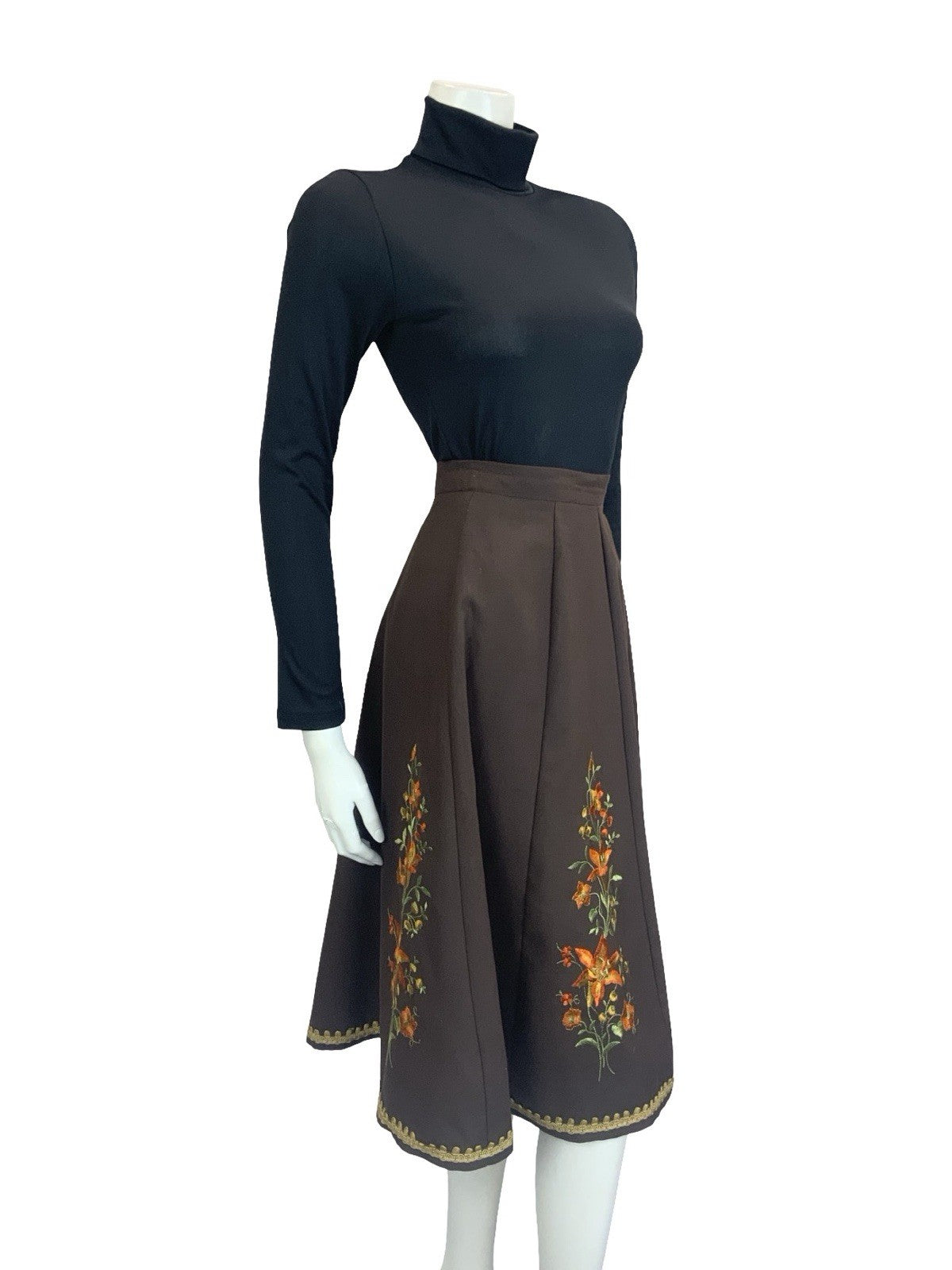 VTG 60S 70S BROWN ORANGE GOLD GREEN FOLK BOHO FLORAL EMBROIDERED CIRCLE SKIRT 8