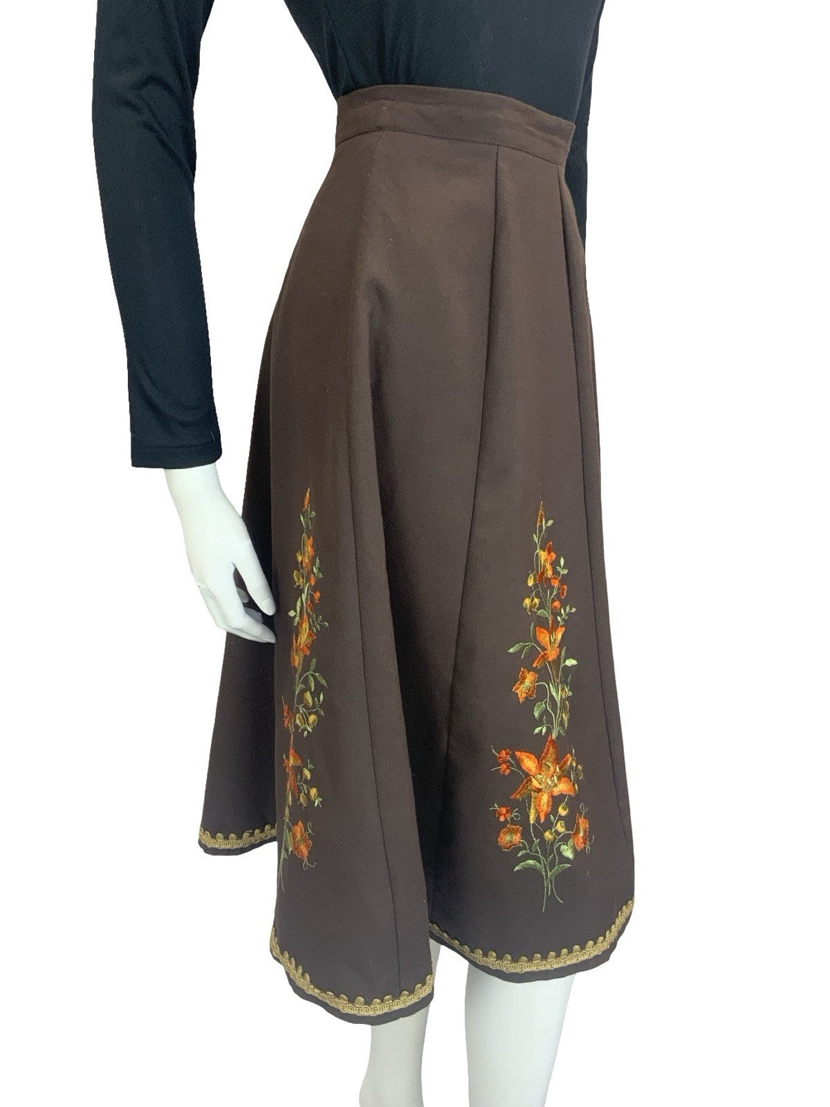 VTG 60S 70S BROWN ORANGE GOLD GREEN FOLK BOHO FLORAL EMBROIDERED CIRCLE SKIRT 8
