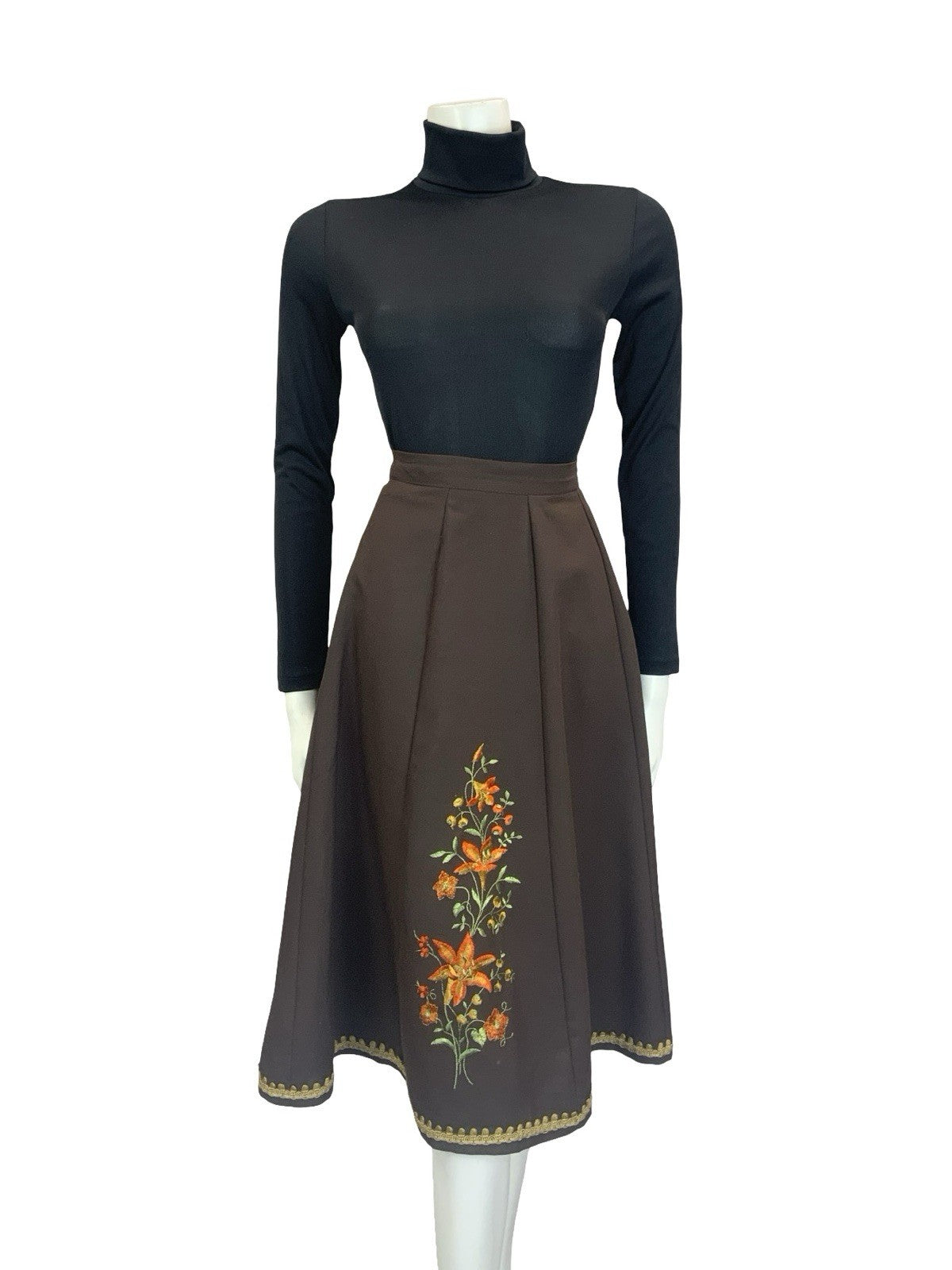 VTG 60S 70S BROWN ORANGE GOLD GREEN FOLK BOHO FLORAL EMBROIDERED CIRCLE SKIRT 8