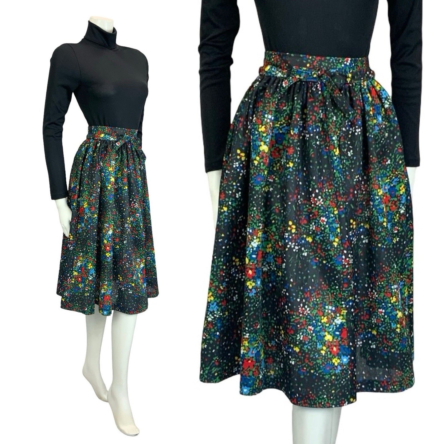 VTG 60S 70S BLACK RED BLUE GREEN YELLOW FLORAL DOTTY TIE WAIST SWING SKIRT XS 6