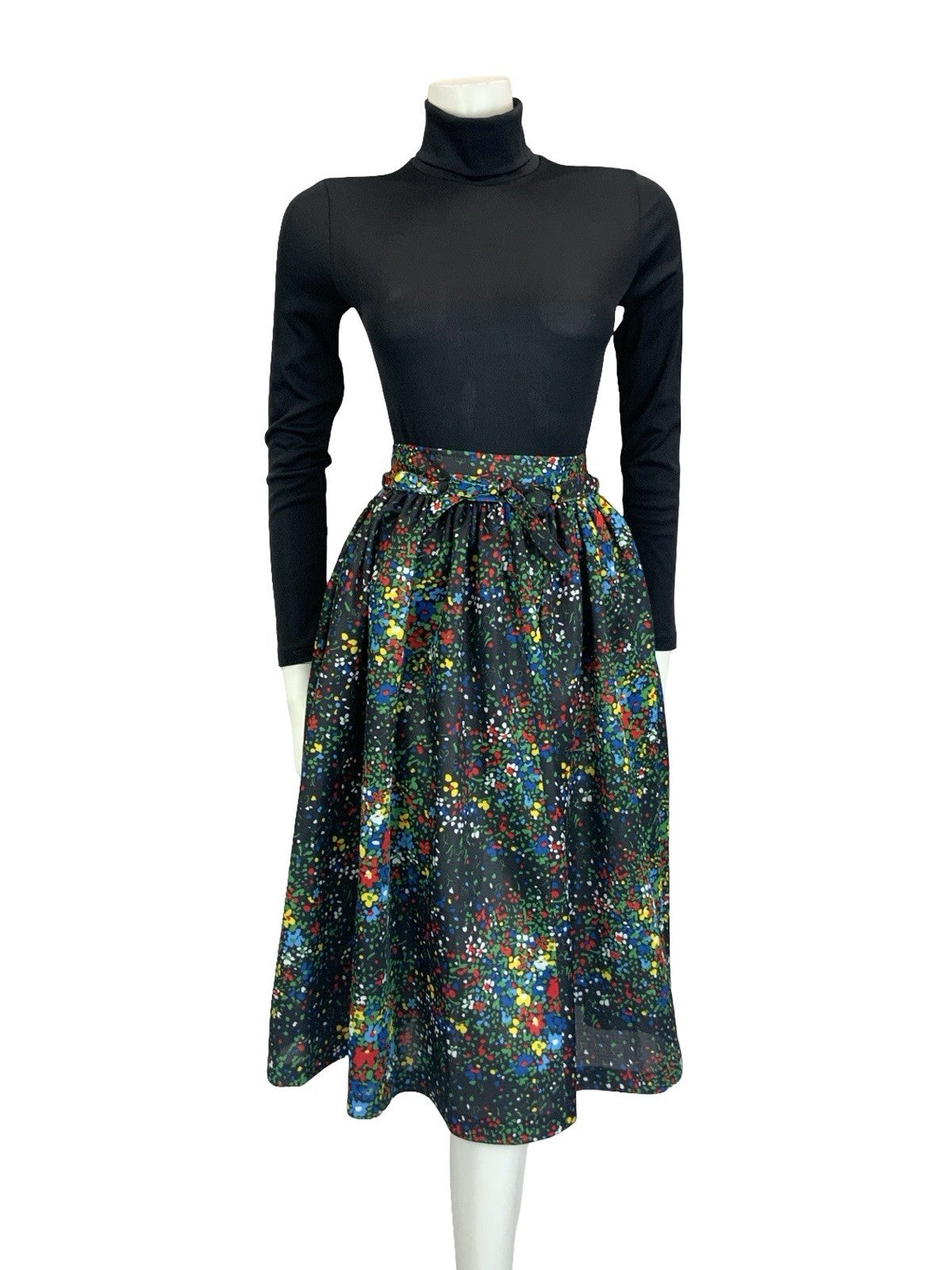 VTG 60S 70S BLACK RED BLUE GREEN YELLOW FLORAL DOTTY TIE WAIST SWING SKIRT XS 6
