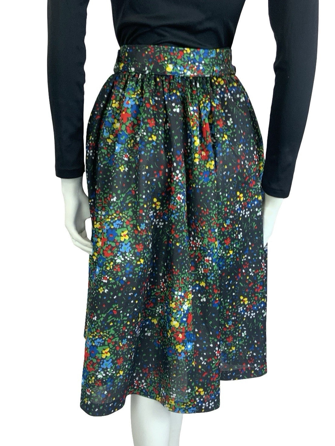 VTG 60S 70S BLACK RED BLUE GREEN YELLOW FLORAL DOTTY TIE WAIST SWING SKIRT XS 6