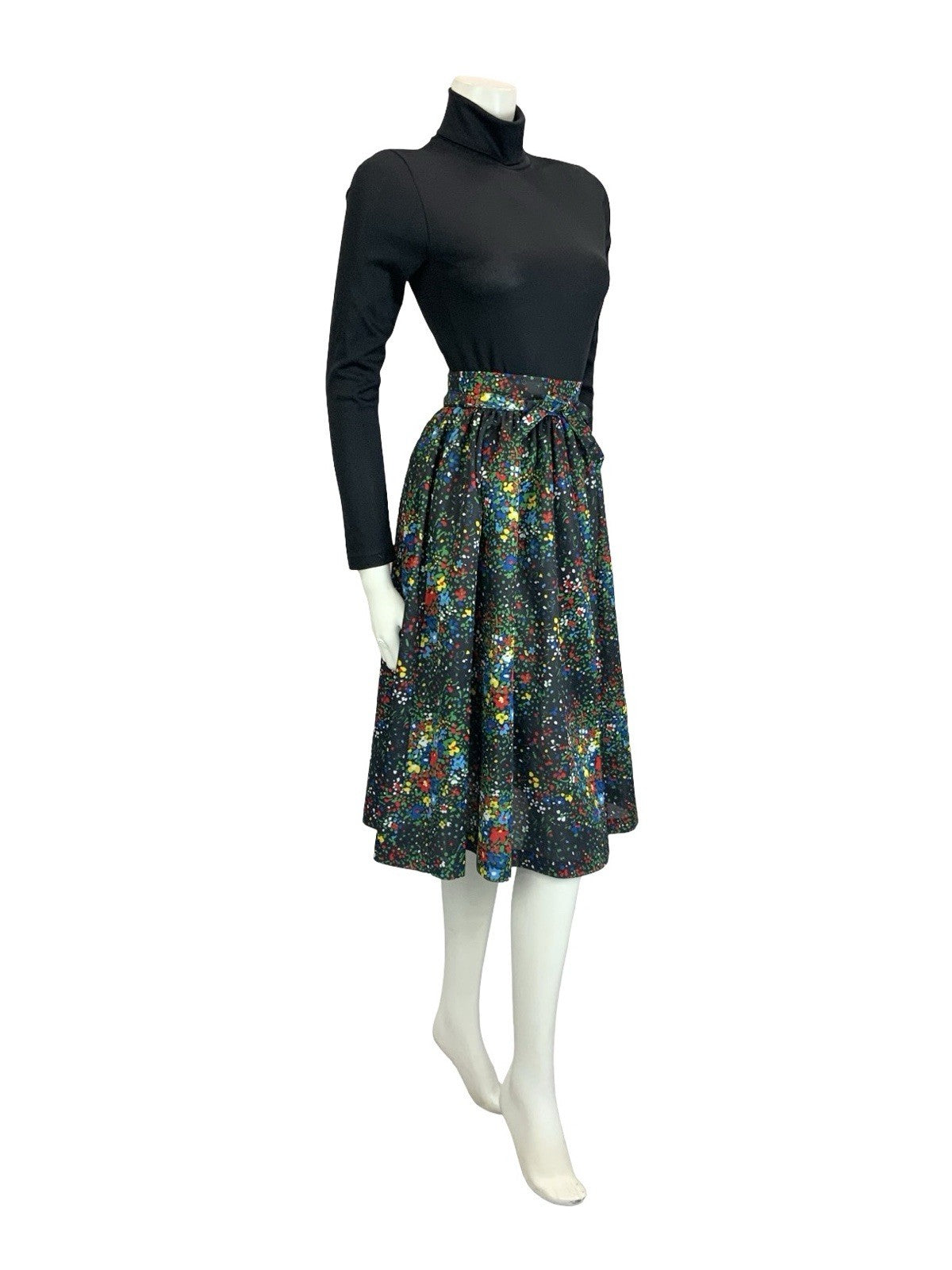 VTG 60S 70S BLACK RED BLUE GREEN YELLOW FLORAL DOTTY TIE WAIST SWING SKIRT XS 6