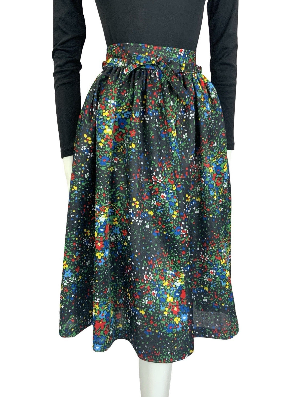 VTG 60S 70S BLACK RED BLUE GREEN YELLOW FLORAL DOTTY TIE WAIST SWING SKIRT XS 6