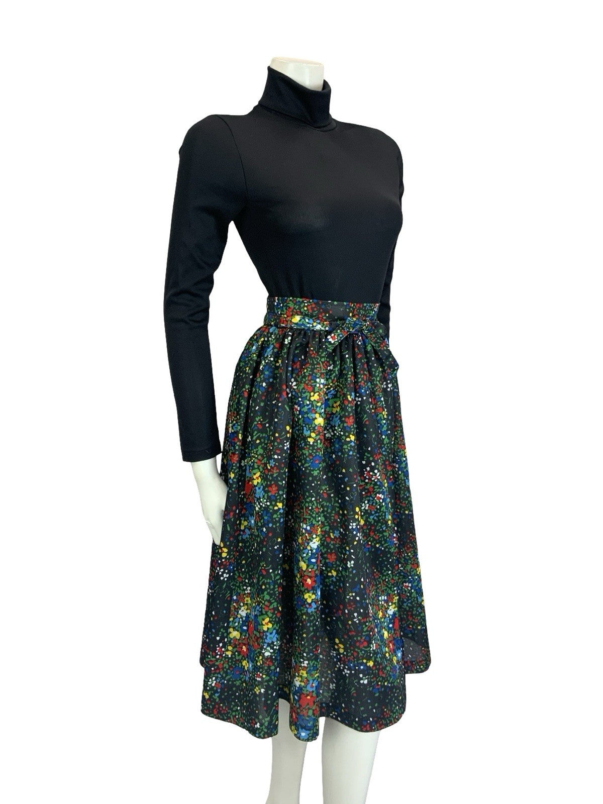 VTG 60S 70S BLACK RED BLUE GREEN YELLOW FLORAL DOTTY TIE WAIST SWING SKIRT XS 6