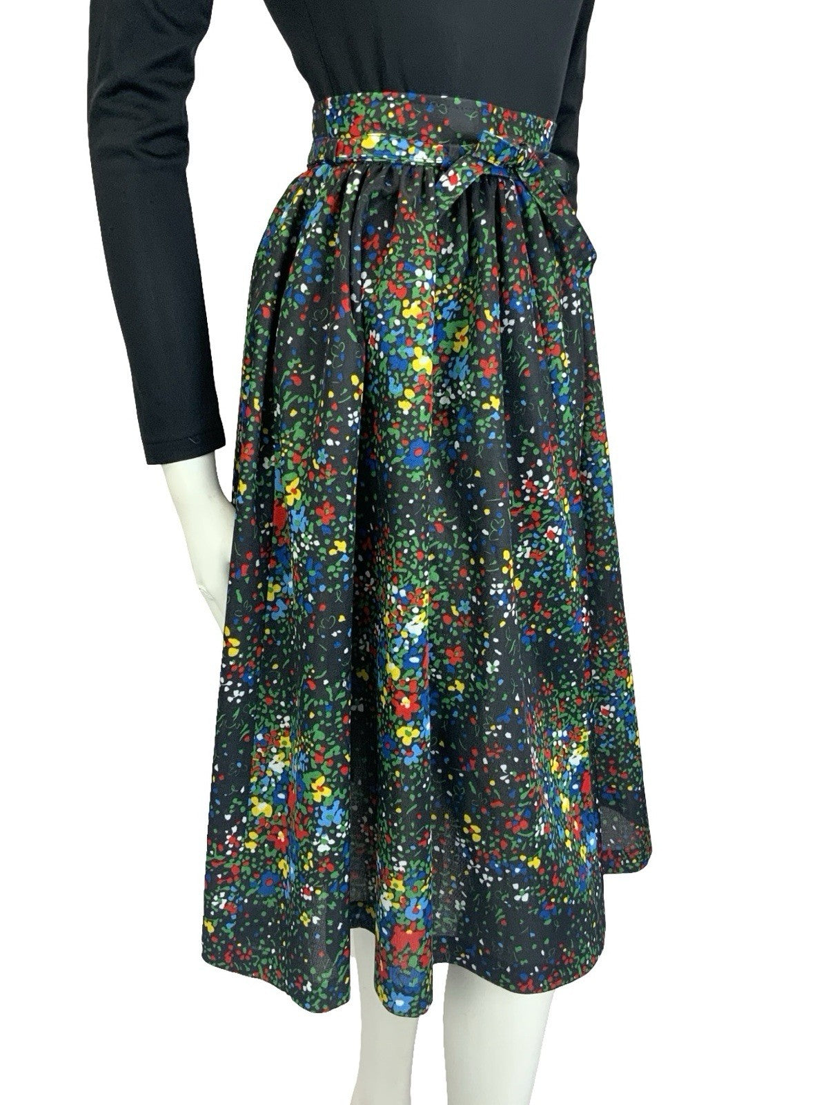 VTG 60S 70S BLACK RED BLUE GREEN YELLOW FLORAL DOTTY TIE WAIST SWING SKIRT XS 6