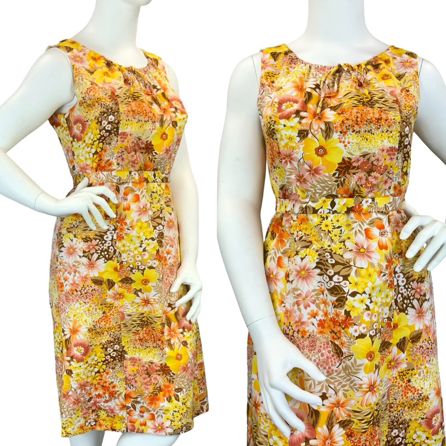 VTG 60S 70S YELLOW ORANGE BROWN RETRO FLORAL TIE WAIST MOD MIDI DRESS 14