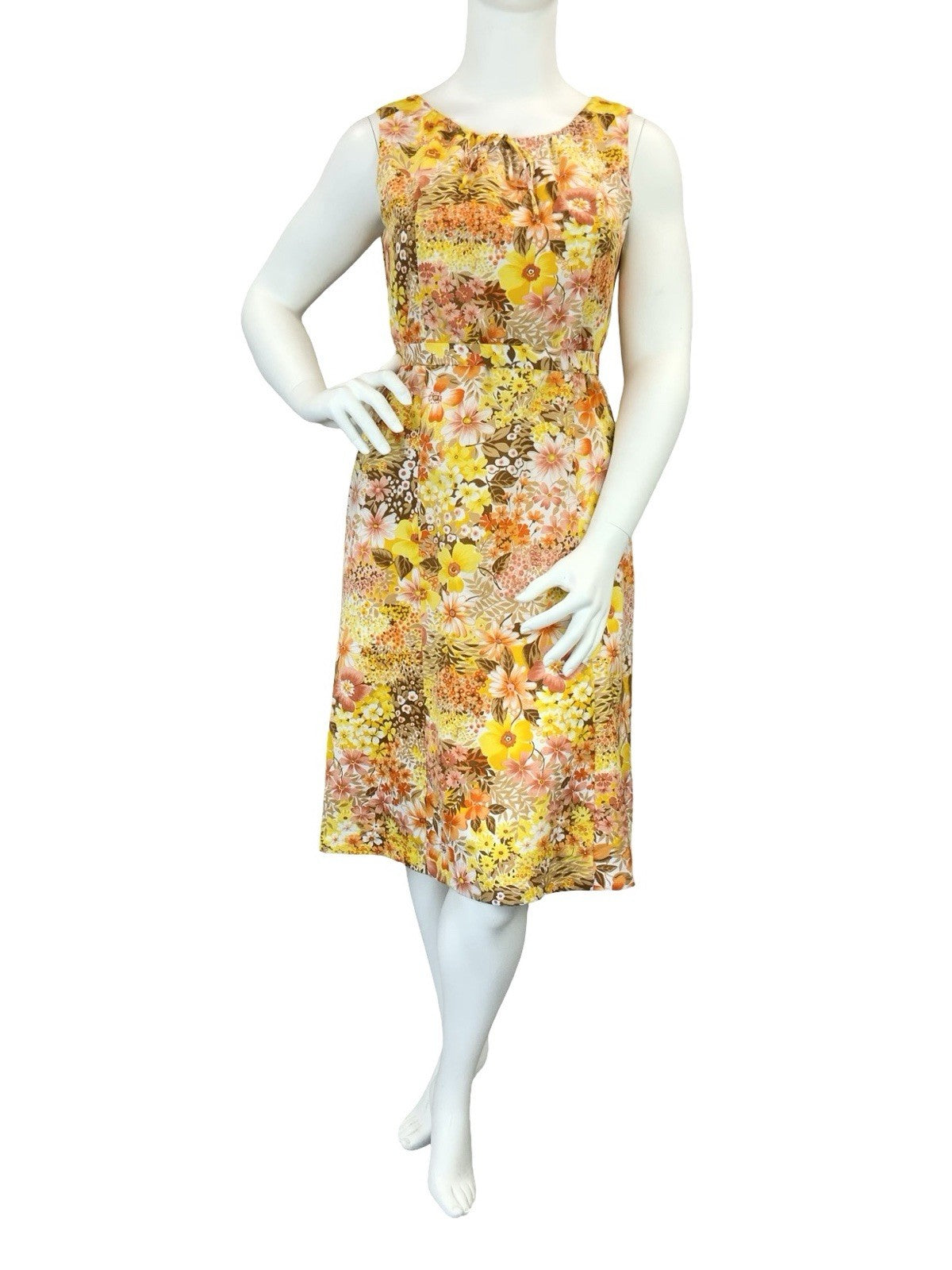 VTG 60S 70S YELLOW ORANGE BROWN RETRO FLORAL TIE WAIST MOD MIDI DRESS 14