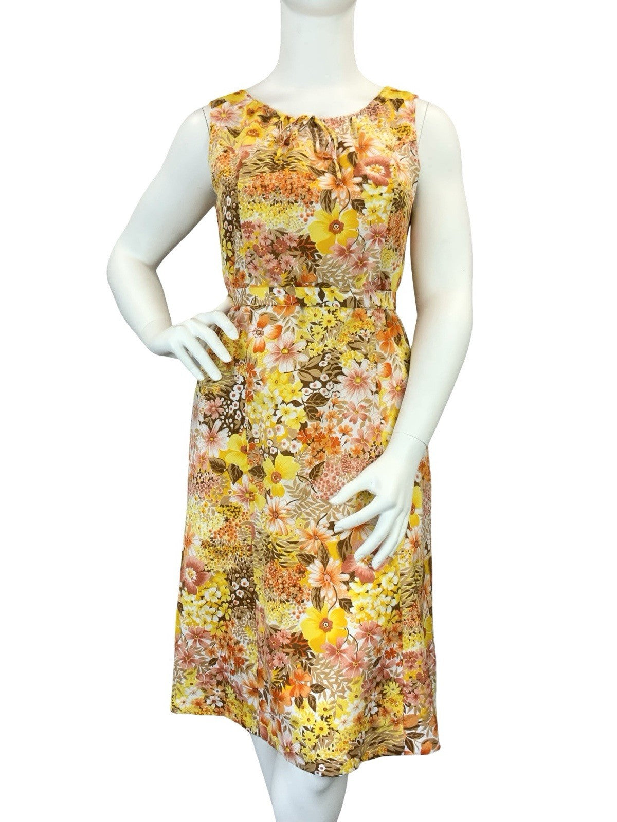 VTG 60S 70S YELLOW ORANGE BROWN RETRO FLORAL TIE WAIST MOD MIDI DRESS 14