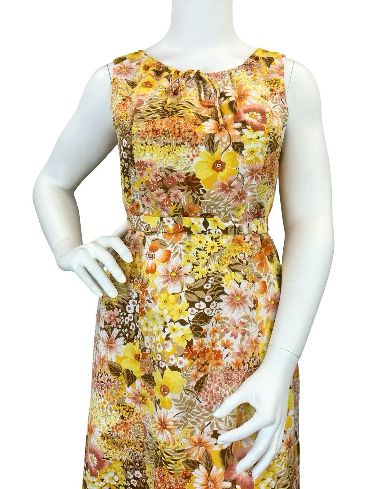 VTG 60S 70S YELLOW ORANGE BROWN RETRO FLORAL TIE WAIST MOD MIDI DRESS 14